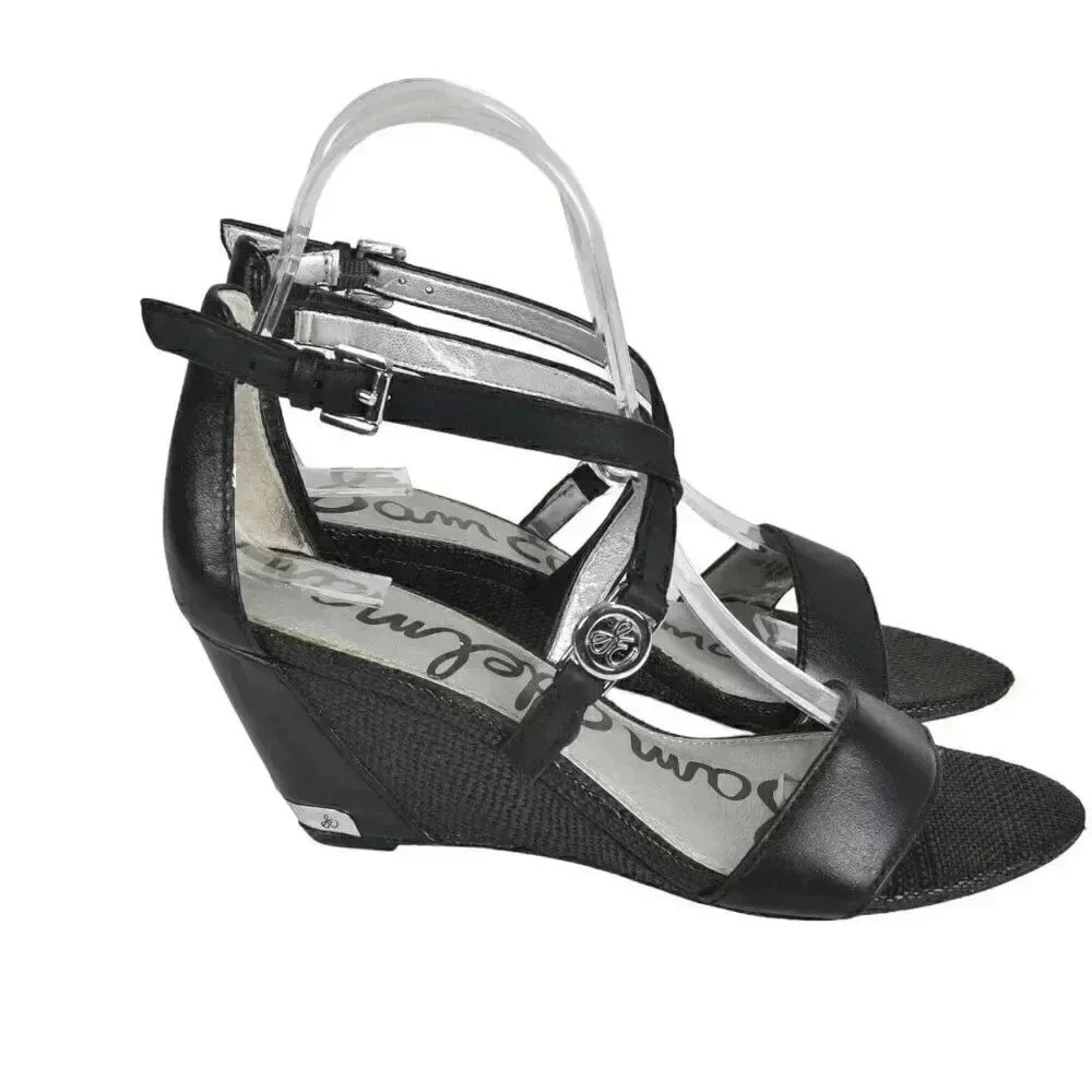 Sam Edelman Leather Wedge Sandal Heel Black Size 6 - Picture 3 of 15